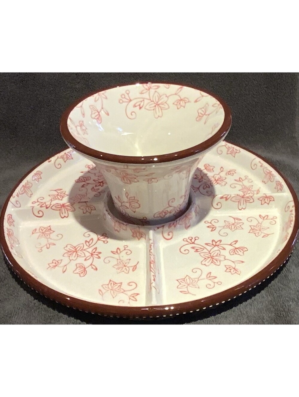 Temp-tations Red Floral Lace 12”D Divided Appetizer Tray with Center Dip Bowl